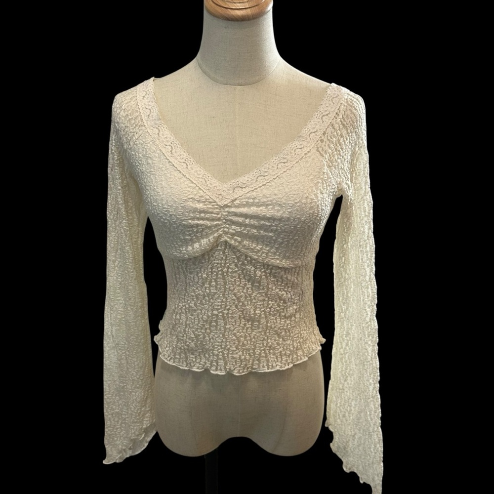 Babydoll Cropped Flare Sleeve Top Sz M Off Shoulder Fairy Hippie Sheer Y2K Vibes
